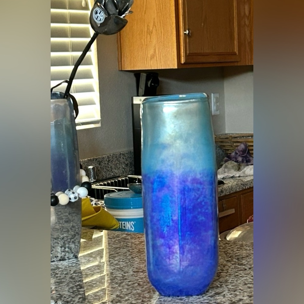 Gorgeous Hand Blown Art Glass Vase
OMBRÉ Blue Iridescent 
9” Tall x 5’5” Wide - Picture 2 of 7